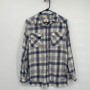 Billabong Plaid Button Front Long Sleeve Shirt Raw Hem Cream Black Size Large